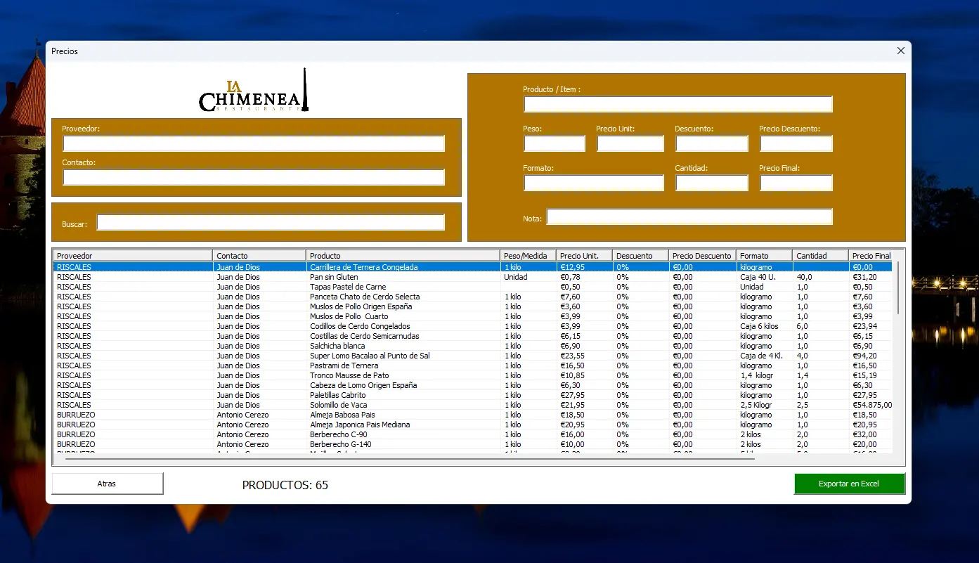 Precios de Proveedores